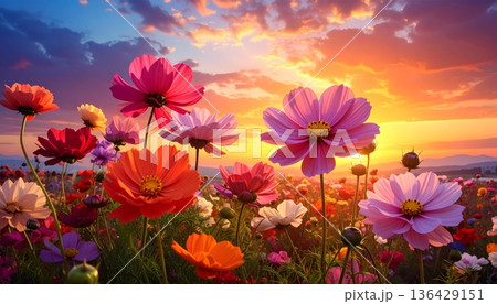 A vibrant summer sunset glows over a blooming meadow field as orange light touches delicate yellow daisies and spring flora under a bright blue sky 136429151