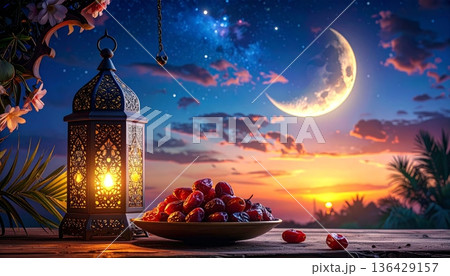 Beautiful moonlight reflects on the sea as a mosque glows under a dark blue sky filled with stars and clouds in this abstract nature landscape 136429157