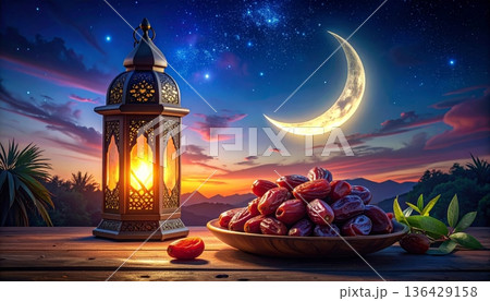 Beautiful moonlight reflects on the sea as a mosque glows under a dark blue sky filled with stars and clouds in this abstract nature landscape 136429158