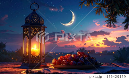 Beautiful moonlight reflects on the sea as a mosque glows under a dark blue sky filled with stars and clouds in this abstract nature landscape 136429159