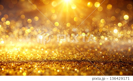 A bright golden Christmas background featuring blurred bokeh lights and glittering stars creates a shiny festive holiday decoration with a warm yellow glow and soft defocused circles A bright golden Christmas background featuring blurred bokeh lights and glittering stars creates a shiny festive holiday decoration with a warm yellow glow and soft defocused circles 136429171