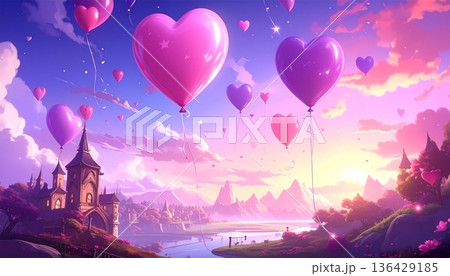 Pink and red heart shape balloons flying in the sky for a happy Valentine's Day celebration party vector illustration 136429185