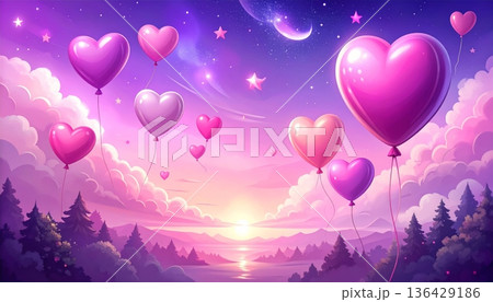 Pink and red heart shape balloons flying in the sky for a happy Valentine's Day celebration party vector illustration 136429186