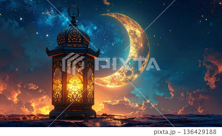 A glowing fire burns through the dark night as a vibrant sunset silhouettes forest trees and mountain peaks under a starry sky filled with a bright moon and glowing planets 136429188