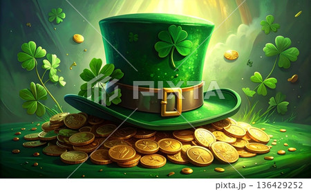 Celebrate St Patrick's Day with a green shamrock clover leaf and a pot of gold beside a leprechaun hat and a cold mug of Irish beer for a lucky holiday celebration 136429252