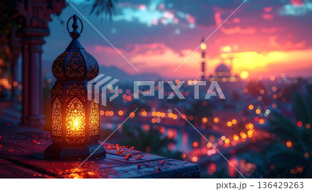 Illuminated architecture of a historic Moscow cathedral glows under the night sky, featuring religious towers and city lights reflecting Russia's travel history near a bridge at sunset 136429263