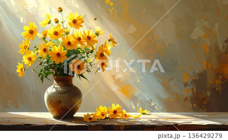 A beautiful autumn still life features a vibrant bouquet of yellow chrysanthemum blossoms and pink daisy flowers in a decorative vase, capturing the colorful nature of a garden bloom A beautiful autumn still life features a vibrant bouquet of yellow chrysanthemum blossoms and pink daisy flowers in a decorative vase, capturing the colorful nature of a garden bloom 136429279