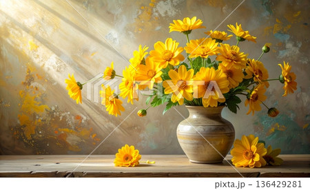 A beautiful autumn still life features a vibrant bouquet of yellow chrysanthemum blossoms and pink daisy flowers in a decorative vase, capturing the colorful nature of a garden bloom 136429281