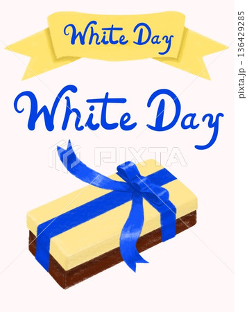 青いリボンがついたプレゼントと黄色リボンにホワイトデー文字入のホワイトデーイラストセット 136429285