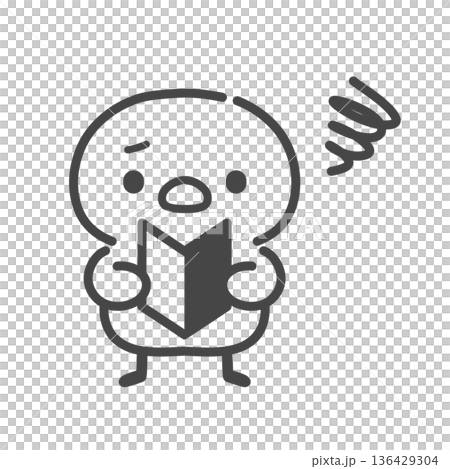 Hand-drawn line drawing of a confused chick holding a beginner's mark in his hand. Anxiety and confusion. Hand-drawn line drawing of a confused chick holding a beginner's mark in his hand. Anxiety and confusion. 136429304