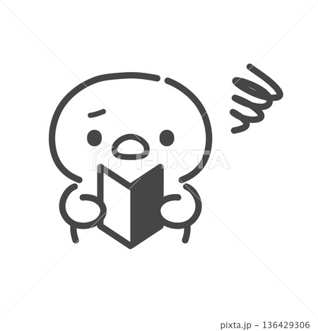 初心者マークを手に持ってもやもやするひよこの手書き線画イラスト 不安・迷い 初心者マークを手に持ってもやもやするひよこの手書き線画イラスト 不安・迷い 136429306