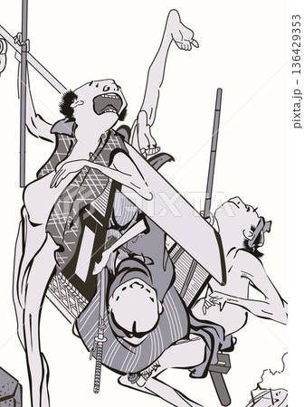 北斎漫画籠おちる白黒 136429353