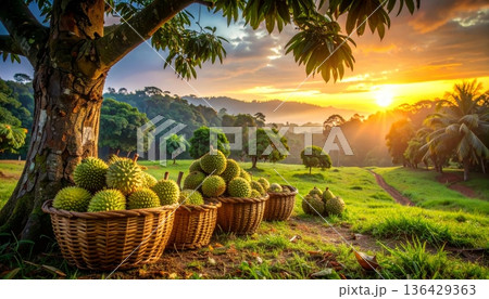 A ripe green coconut palm tree in Thailand stands tall like a tropical Christmas fir, offering fresh healthy fruit for a sweet juicy holiday celebration in nature A ripe green coconut palm tree in Thailand stands tall like a tropical Christmas fir, offering fresh healthy fruit for a sweet juicy holiday celebration in nature 136429363