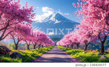 A vibrant pink cherry blossom tree stands in a lush spring park under a clear blue sky, capturing the essence of the Japanese nature landscape A vibrant pink cherry blossom tree stands in a lush spring park under a clear blue sky, capturing the essence of the Japanese nature landscape 136429377