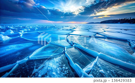 A macro shot of blue ice texture reveals transparent frozen crystals and a clear abstract pattern of frost inside a cold glass cube of water A macro shot of blue ice texture reveals transparent frozen crystals and a clear abstract pattern of frost inside a cold glass cube of water 136429383