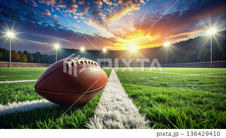 An isolated brown leather American football sits on the green grass of a college field, ready for a competitive game of sports 136429410