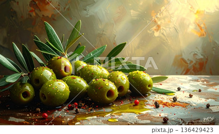 Fresh green olives and healthy olive oil rest on a wooden board with spring leaves and nature decorations for a seasonal agriculture display 136429423