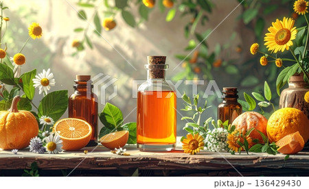 An elegant still life with candles and bottles of wine featuring a glass of red alcohol beverage and a green bottle of olive oil isolated on a white background 136429430