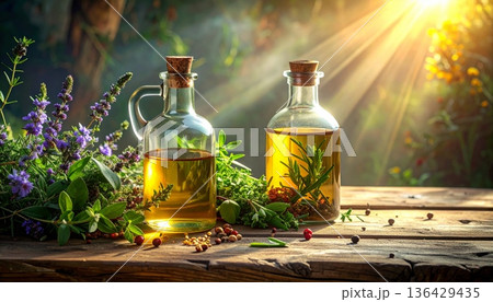 A bottle of wine and fresh mediterranean olive oil sit on a rustic wooden table as healthy cooking ingredients for an authentic Italian salad A bottle of wine and fresh mediterranean olive oil sit on a rustic wooden table as healthy cooking ingredients for an authentic Italian salad 136429435