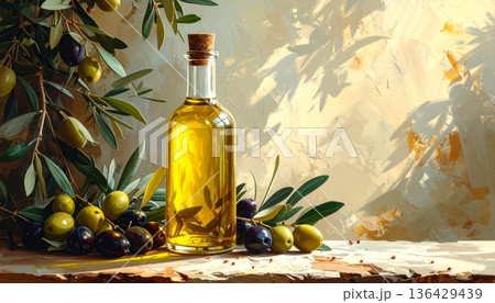 A bottle of wine and fresh mediterranean olive oil sit on a rustic wooden table as healthy cooking ingredients for an authentic Italian salad 136429439