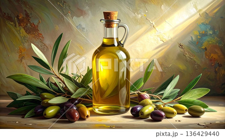 A bottle of wine and fresh mediterranean olive oil sit on a rustic wooden table as healthy cooking ingredients for an authentic Italian salad 136429440