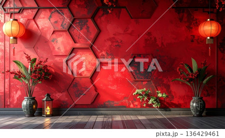 A cozy Christmas tree glows with lanterns and lights in a dark winter room featuring a warm fireplace and holiday decorations 136429461