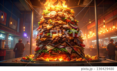 A warm orange flame burns bright in the fireplace decorated for Christmas near a glowing tree, casting a hot red light over the wood as the heat creates a cozy night 136429480