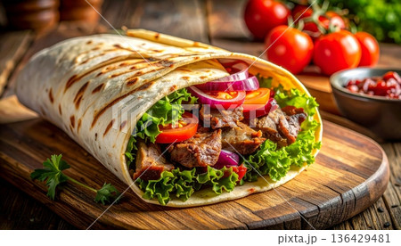 A delicious closeup of a fresh grilled chicken and vegetable salad plate featuring healthy greens, red tomato, and savory sauce for a healthy dinner meal 136429481