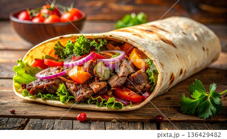 A delicious closeup of a fresh grilled chicken and vegetable salad plate featuring healthy greens, red tomato, and savory sauce for a healthy dinner meal 136429482