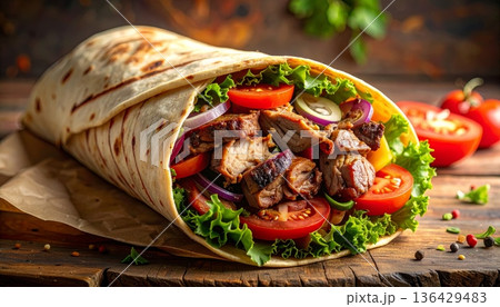 A delicious closeup of a fresh grilled chicken and vegetable salad plate featuring healthy greens, red tomato, and savory sauce for a healthy dinner meal 136429483