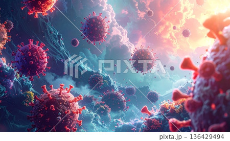 A digital art backdrop featuring bacteria under a microscope and blood cells amidst colorful bubbles with a blue spiral fractal design and glowing purple energy swirls in motion A digital art backdrop featuring bacteria under a microscope and blood cells amidst colorful bubbles with a blue spiral fractal design and glowing purple energy swirls in motion 136429494