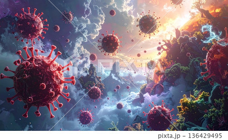 A digital art backdrop featuring bacteria under a microscope and blood cells amidst colorful bubbles with a blue spiral fractal design and glowing purple energy swirls in motion 136429495