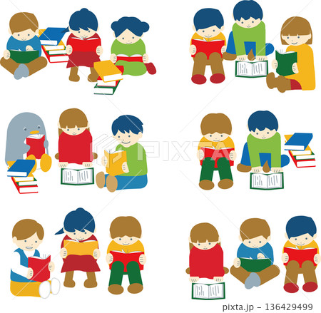 読書を楽しんでいる子どもたちのグループイラストセット 136429499
