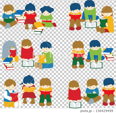 読書を楽しんでいる子どもたちのグループイラストセット 136429499