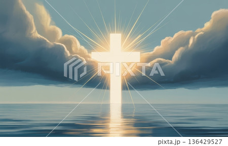 Luminous cross rising from calm waters under...のイラスト素材 [136429527] - PIXTA