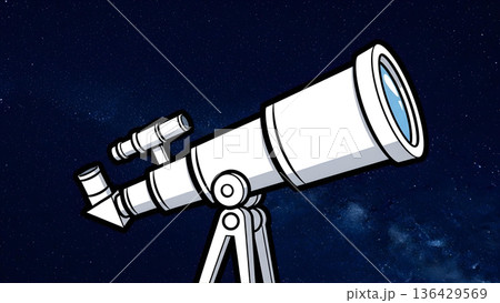 Modern Amateur Telescope Icon on Starry Night Sky Milky Way Background 136429569