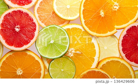 A seamless vector pattern of fresh citrus fruit slices featuring juicy lemon, orange, lime, and grapefruit for a healthy ripe food background illustration A seamless vector pattern of fresh citrus fruit slices featuring juicy lemon, orange, lime, and grapefruit for a healthy ripe food background illustration 136429606