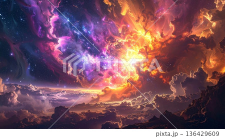 An abstract galaxy background featuring a dark night sky filled with a red and blue nebula, bright stars, and a fractal design of fire and smoke textures for a science fiction art style An abstract galaxy background featuring a dark night sky filled with a red and blue nebula, bright stars, and a fractal design of fire and smoke textures for a science fiction art style 136429609