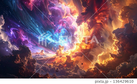 An abstract galaxy background featuring a dark night sky filled with a red and blue nebula, bright stars, and a fractal design of fire and smoke textures for a science fiction art style An abstract galaxy background featuring a dark night sky filled with a red and blue nebula, bright stars, and a fractal design of fire and smoke textures for a science fiction art style 136429610