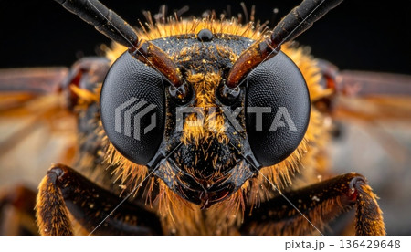 A detailed macro closeup of a green housefly and a wasp showcasing hairy heads, intricate wings, and compound eyes on a leaf in nature 136429648