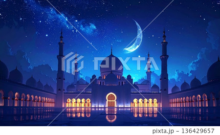 The Blue Mosque at night in Istanbul features stunning architecture with illuminated domes and minarets, serving as a historic Turkish landmark and religious symbol in the heart of the city 136429657