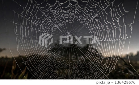 A macro morning view of a wet silk spider web pattern covered in glistening dew drops as a delicate nature trap in the forest A macro morning view of a wet silk spider web pattern covered in glistening dew drops as a delicate nature trap in the forest 136429676