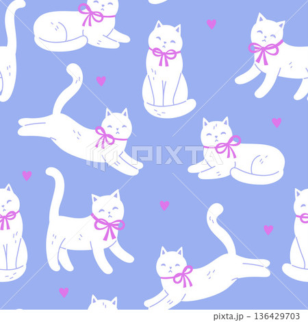 A simple seamless pattern with white cats wearing bows on a blue background. Vector graphics. 136429703