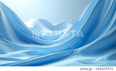 An elegant abstract blue silk background features soft flowing waves of smooth satin fabric with a light motion curve design 136429733