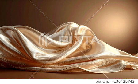 A smooth brown silk fabric features flowing pink waves and a soft swirl pattern, creating an abstract satin texture design with light curves and a smoky vector art backdrop 136429742