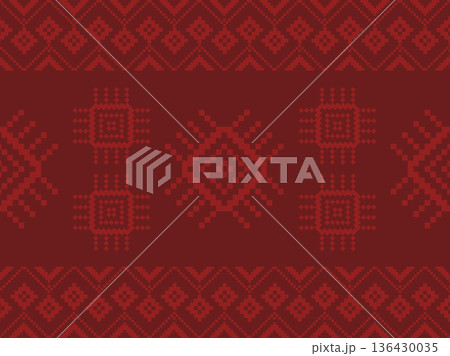 Red monochromatic tribal cross stitch pattern with ethnic geometric motifs. Use for ethnic textiles, festive winter backgrounds, rustic branding,traditional folk style digital crafts. Red monochromatic tribal cross stitch pattern with ethnic geometric motifs. Use for ethnic textiles, festive winter backgrounds, rustic branding,traditional folk style digital crafts. 136430035