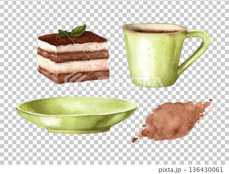 A set of coffee-themed watercolor illustrations isolated on a white background. The set includes a green mug, plate, tiramisu dessert, and a coffee stain. Suitable for menu design, cafe decor. 136430061