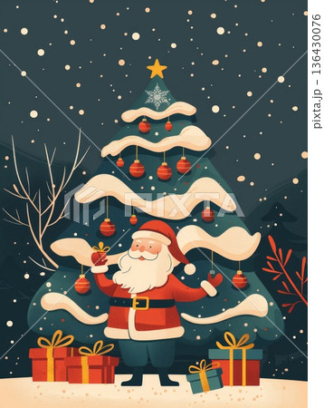 Christmas card in retro style. Santa Claus standing in front of a Christmas tree. The tree is decorated with many ornaments, including a star on top. Christmas card in retro style. Santa Claus standing in front of a Christmas tree. The tree is decorated with many ornaments, including a star on top. 136430076