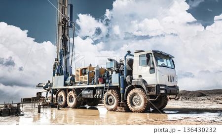 The drilling rig stands at the worksite extracting oil and gas resources. Clouds cover the sky as equipment prepares for drilling activities on the site 136430232