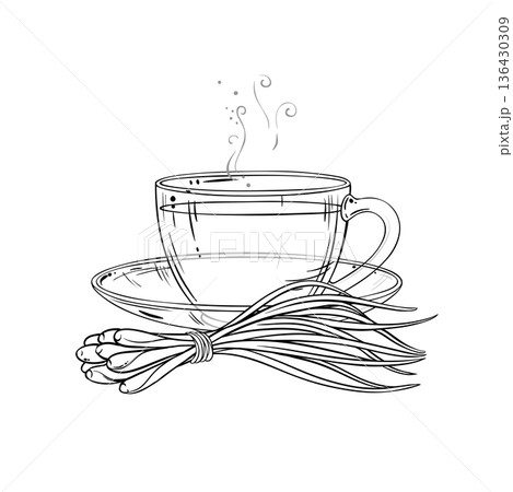 Cup of Lemongrass Tea Outline Illustration. 136430309